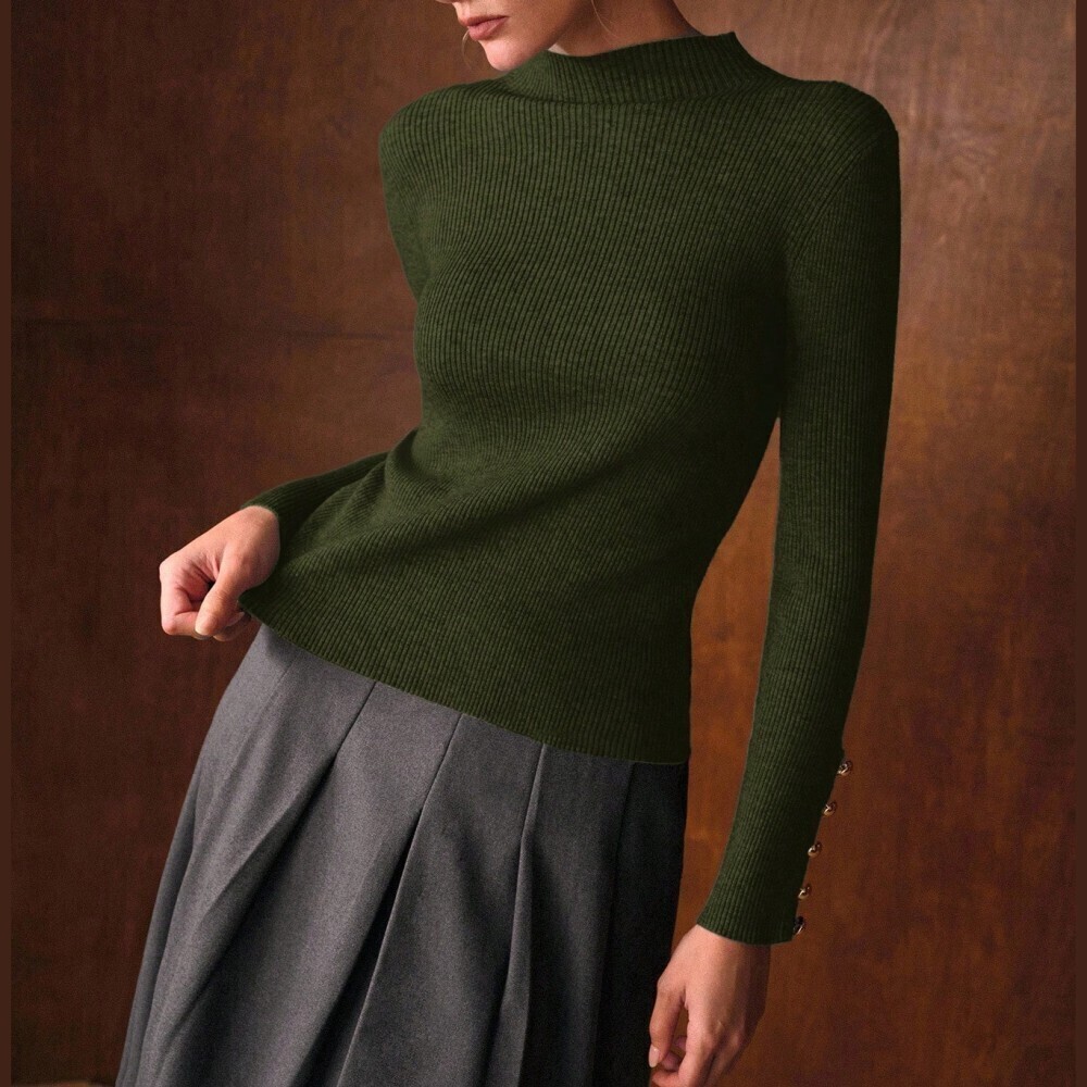 Olive Green Ribbed Knit Button Cuff Mock Neck Stand Collar Sweater